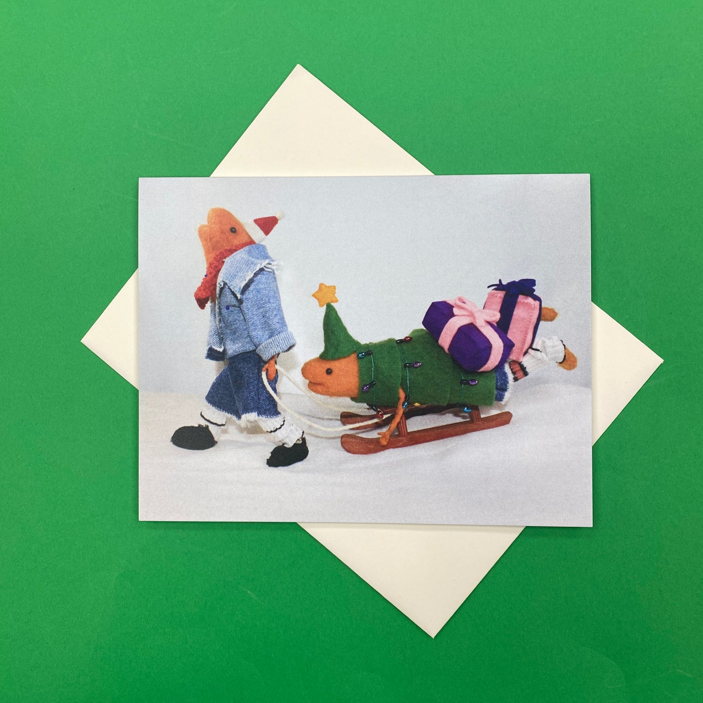 Fish Sled Christmas Tree Delivery Winter Seasonal Card