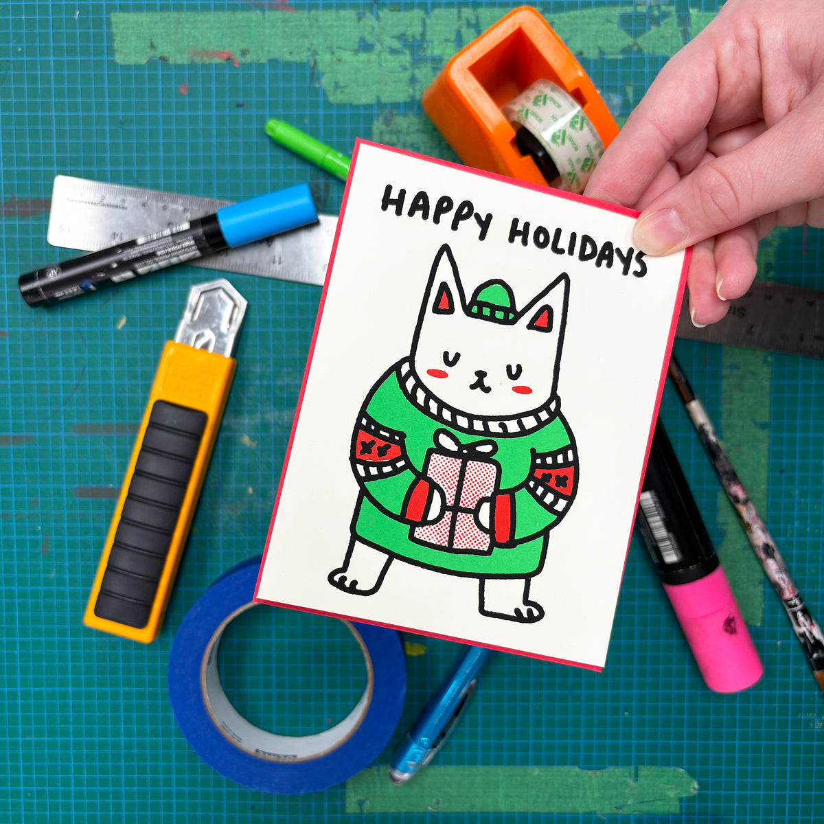 Sweater Cat Happy Holidays Greeting Card