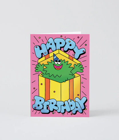 Happy Birthday Guy In Present - Greeting Card