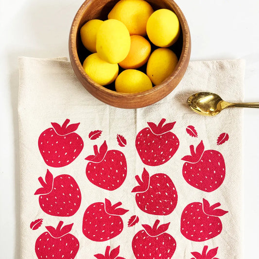 Strawberries Organic Tea Towel Red