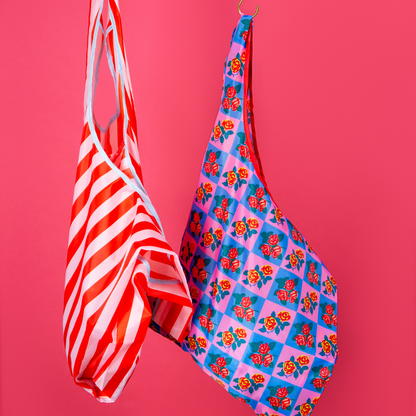 Pink & Red Stripes Foldable Nylon Tote