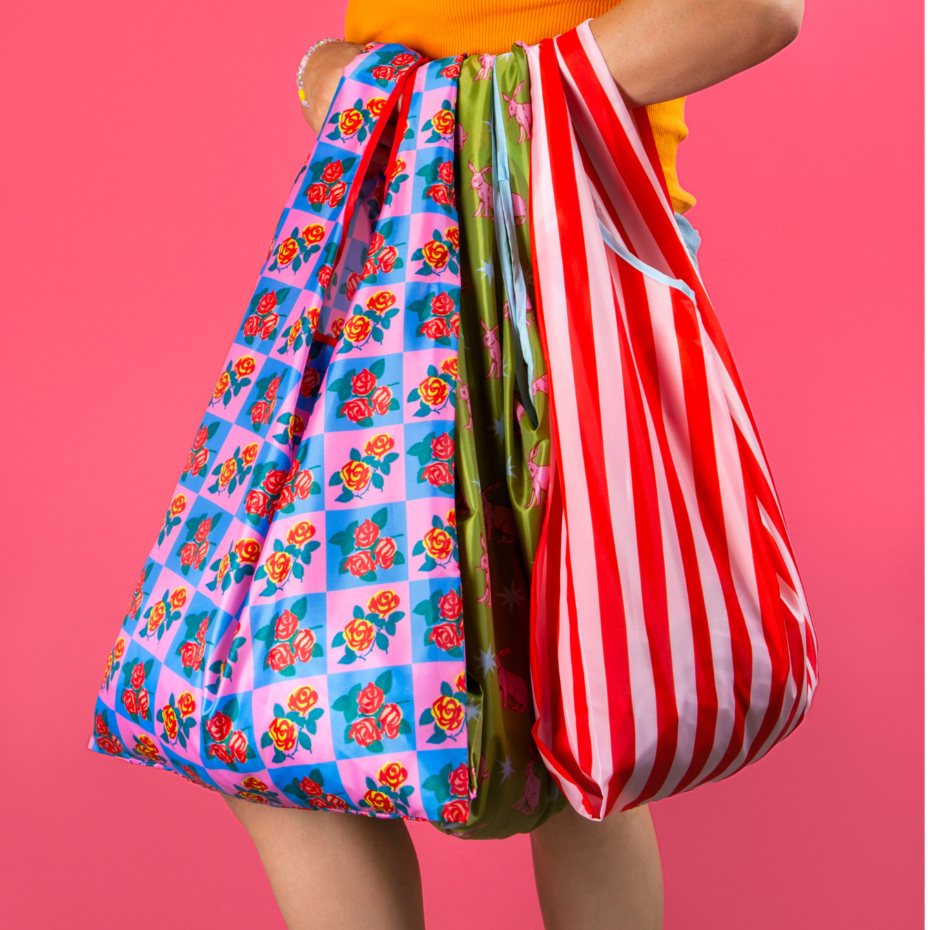 Pink & Red Stripes Foldable Nylon Tote
