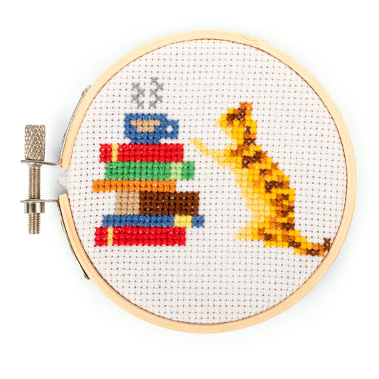 Cat and Books Mini Cross Stitch Embroidery Kit