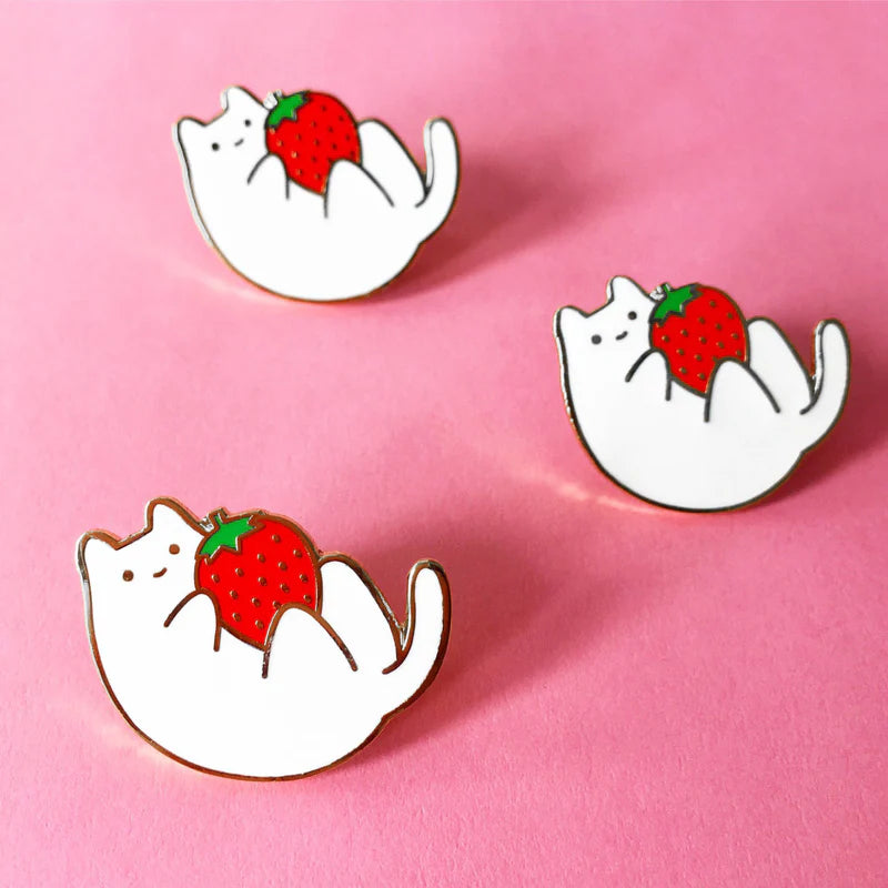 White Strawberry Baby Cat Enamel Pin