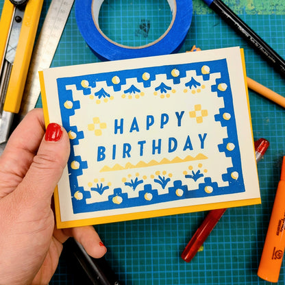 Blue Textile Happy Birthday Greeting Card