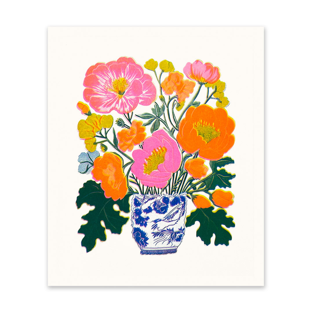 Orange & Pink Peonies Riso Print