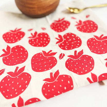 Strawberries Organic Tea Towel Red