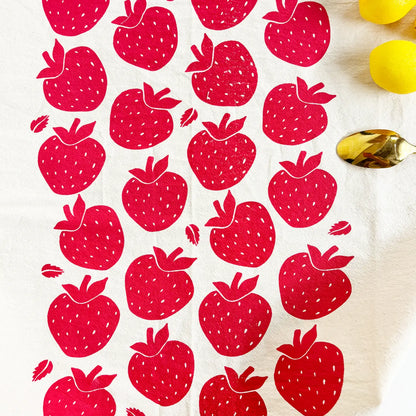 Strawberries Organic Tea Towel Red