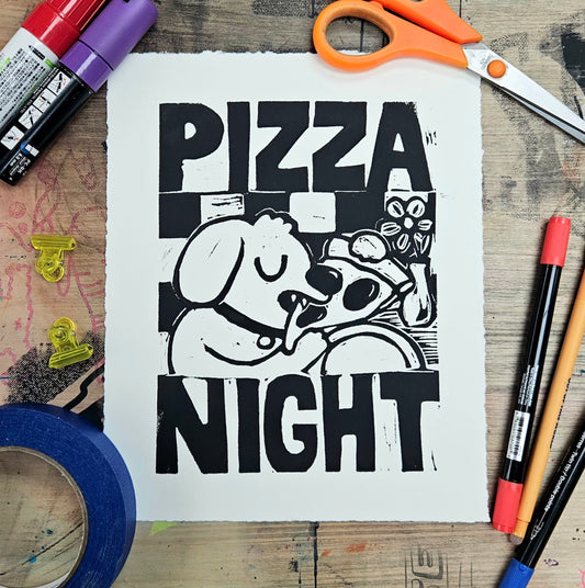 Pizza Night Linocut Print