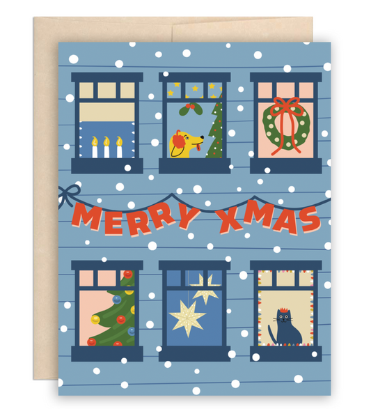 Merry X-Mas Holiday Apartment Windows Greeting Card