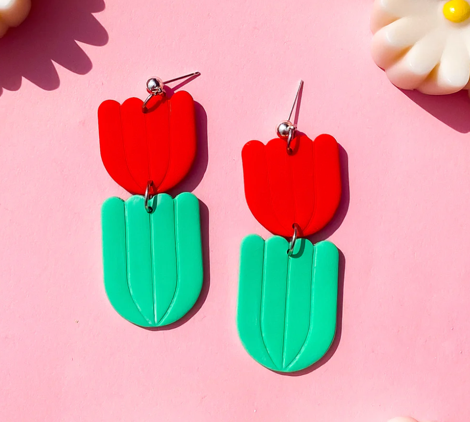 Red Tulip Textured Dangle Earrings